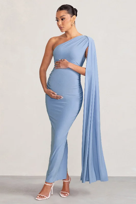 Flounce-Edge Maxi Dresses -Amaryllis | Powder Blue Maternity One Shoulder Maxi Dress with Cape Sleeve