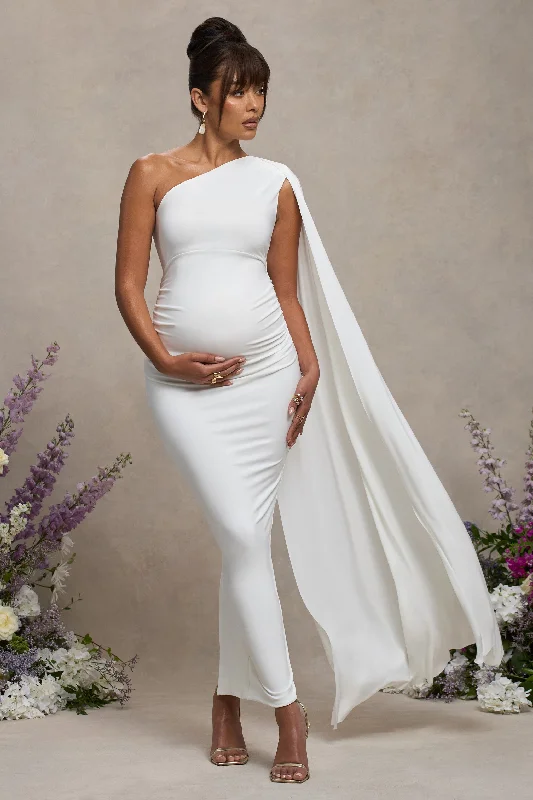 Gathered-Front Maxi Dresses -Amaryllis | White Maternity One Shoulder Maxi Dress with Cape Sleeve