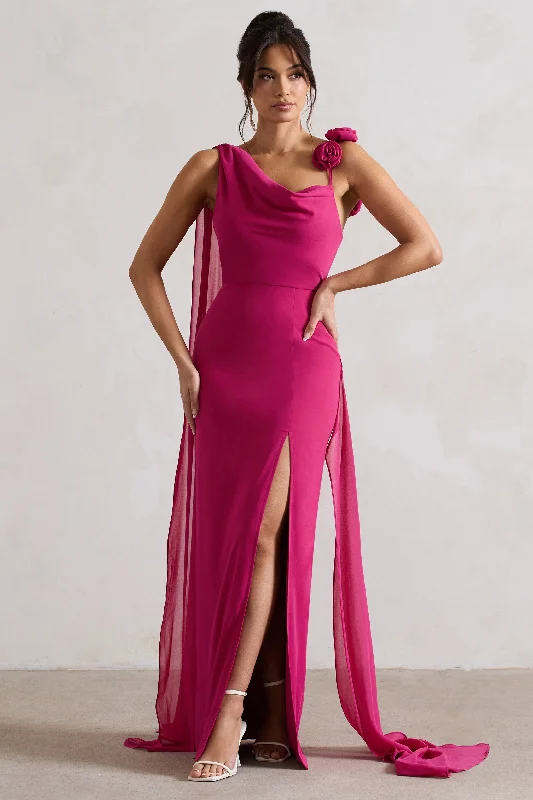 Curved-Edge Maxi Dresses -Angeline | Dark Pink Chiffon Draped Split Maxi Dress With Corsages