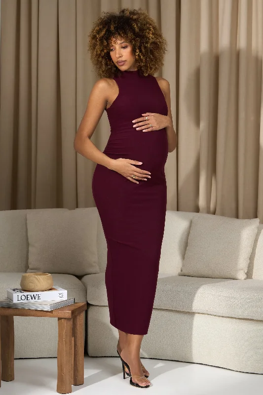 Textured Maxi Dresses -Anika | Burgundy High-Neck Sleeveless Split Maternity Maxi Dress