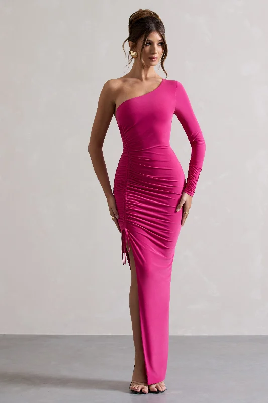 Maxi Dresses for Small Dates -Anima | Dark Pink Asymmetric Ruched One-Sleeve Maxi Dress