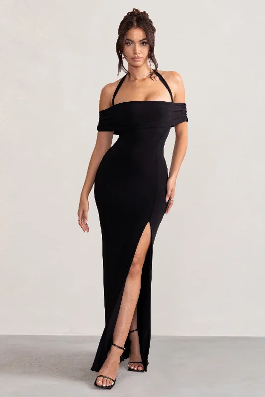 Gathered-Waist Maxi Dresses -Anisa | Black Halter Neck Bardot Maxi Dress With Thigh Split