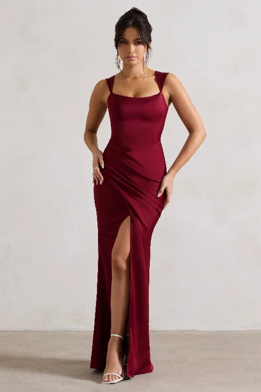 Scoop-Edge Maxi Dresses -A Romantic | Berry Satin Corset Wrap Maxi Dress