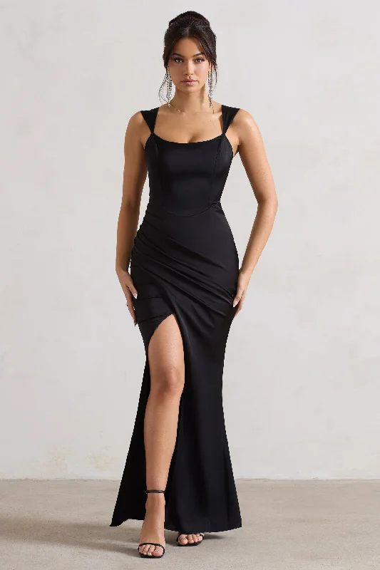 Flounce-Back Maxi Dresses -A Romantic | Black Satin Corset Wrap Maxi Dress