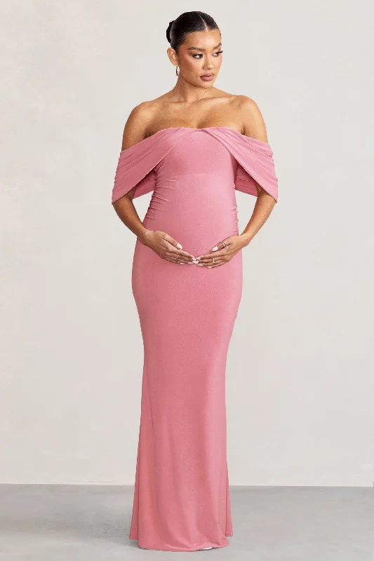 Maxi Dresses for Team Parties -Asha | Blush Pink Draped Sleeve Bardot Maternity Maxi Dress