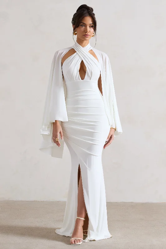 Cross-Front Maxi Dresses -Audrina | White Ruched Halter-Neck Split Maxi Dress With Cape