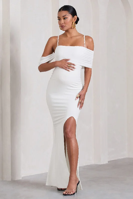 Maxi Dresses for Day Trips Out -Augusta | White Mesh Bardot Strappy Split Maternity Maxi Dress