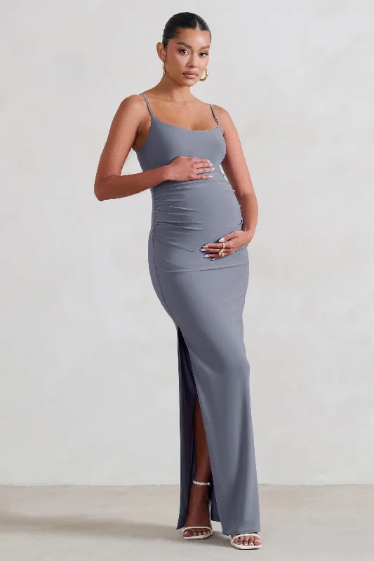 Pretty-Print Maxi Dresses -Aurelia | Grey Maternity Cami Maxi Dress With Split