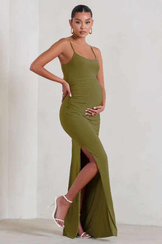 Knit-Cotton Maxi Dresses -Aurelia | Olive Green Maternity Cami Maxi Dress With Split