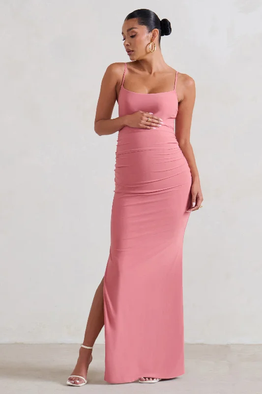 Maxi Dresses for Short Trips -Aurelia | Pink Maternity Cami Maxi Dress With Split