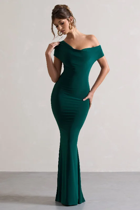 Flounce-Hem Maxi Dresses -Avila | Bottle Green Asymmetric Bardot Maxi Dress