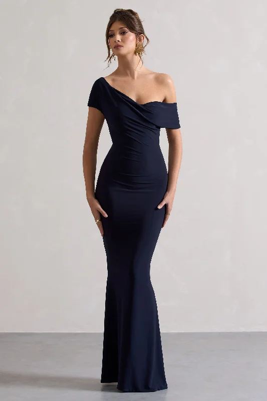 Maxi Dresses for Photo Shoots -Avila | Navy Asymmetric Bardot Maxi Dress