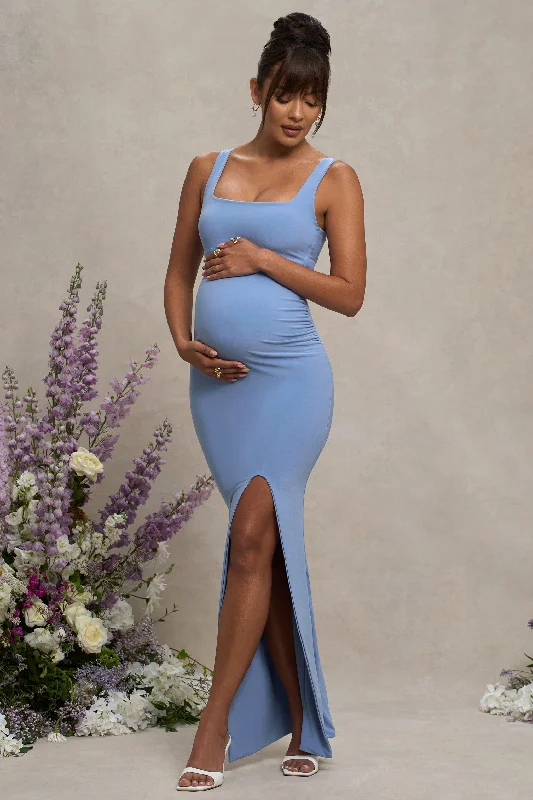 Smooth-Velvet Maxi Dresses -Avril | Powder Blue Square Neck Maternity Maxi Dress with Split