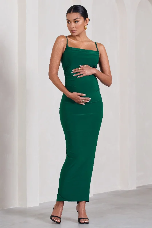 Zippered Maxi Dresses -Azalea | Bottle Green Strappy Square-Neck Maternity Maxi Dress