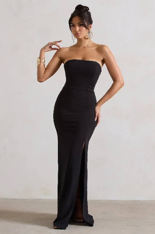 Cross-Back Maxi Dresses -Belle of The Ball | Black Bandeau Maxi Dress With Split Hem