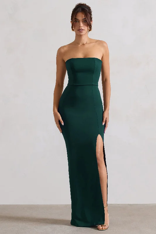 Side-Ruffle Maxi Dresses -Belle of The Ball | Bottle Green Bandeau Maxi Dress With Split Hem