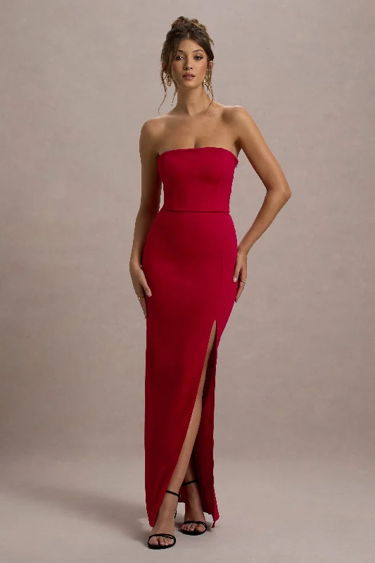 Tied-Sleeve Maxi Dresses -Belle of The Ball | Red Bandeau Maxi Dress With Split Hem