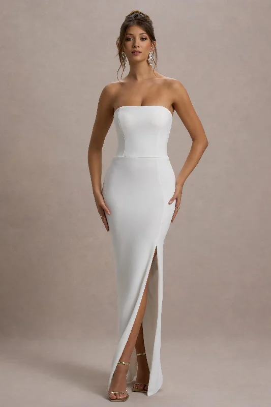 Ruched Maxi Dresses -Belle of The Ball | White Bandeau Maxi Dress With Split Hem