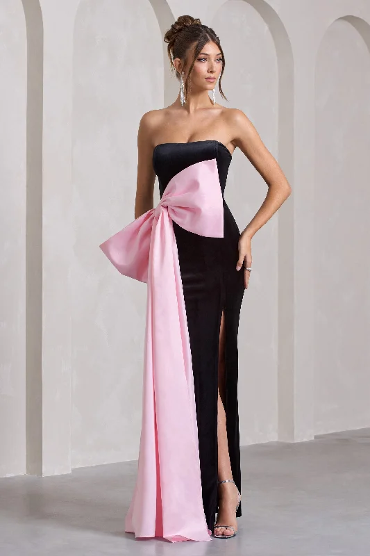 Knit-Cotton Maxi Dresses -Best Wishes | Black Velvet Bandeau Split Maxi Dress With Oversized Pink Bow