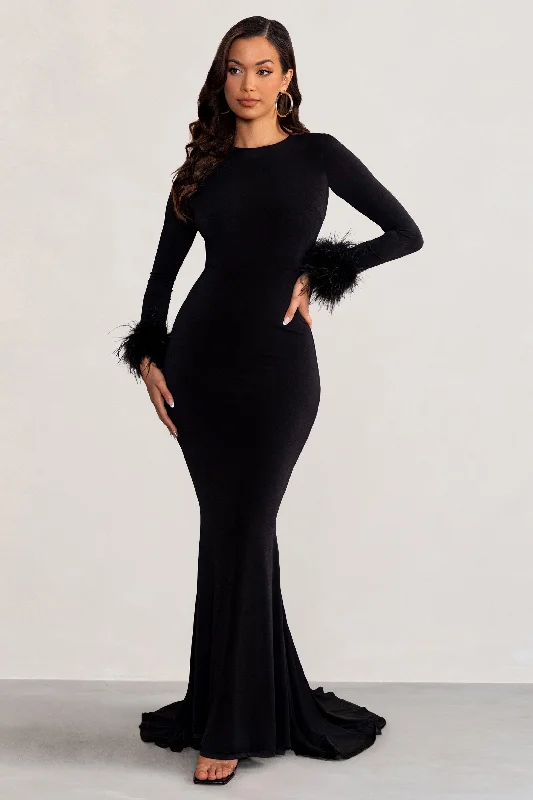 Maxi Dresses for Evening Chill -Betty | Black High Neck Long Sleeve Maxi Dress with Feather Cuffs