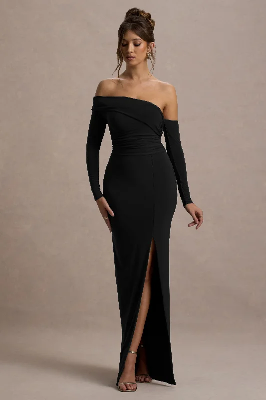 High-Slit Maxi Dresses -Stand Out | Black Bardot Long Sleeve Ruched Maxi With Side Split