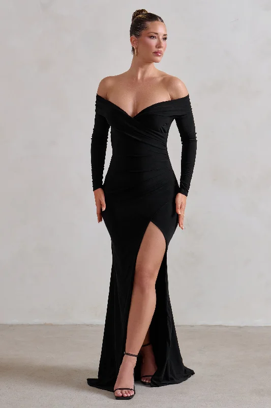 Maxi Dresses for Small Parties -One Moment | Black Bardot Wrap Ruched Split Maxi Dress