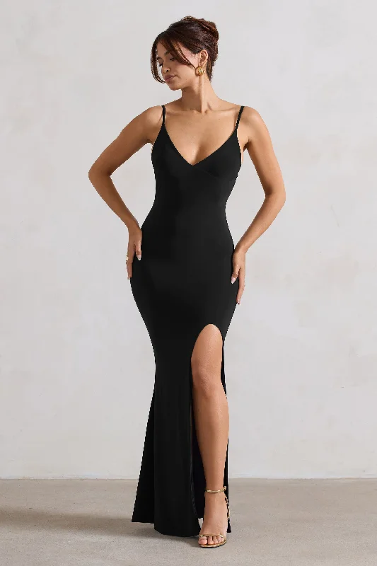 Maxi Dresses for Night Clubs -Love Shy | Black Plunge Neck Maxi Dress With Split Detail