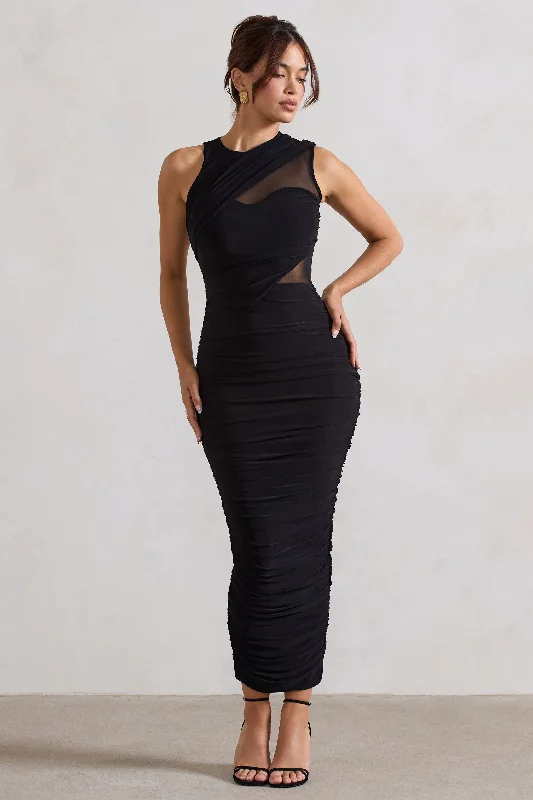 Lightweight Maxi Dresses -Born With It | Black Sleeveless High-Neck Draped Maxi Dress With Mesh Inserts