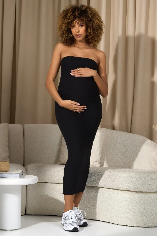 Crushed-Velvet Maxi Dresses -Bowie | Black Strapless Maternity Maxi Dress