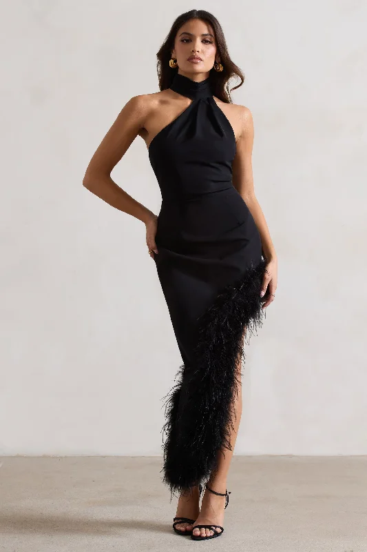 Cutout-Back Maxi Dresses -Brilliance | Black Asymmetric Maxi Dress With Feather Trim