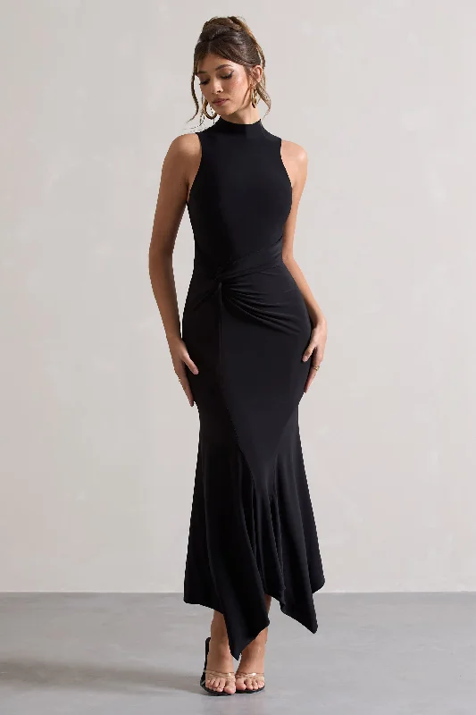 Side-Slit Maxi Dresses -Brionna | Black High-Neck Twist Maxi Dress