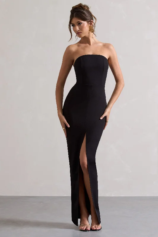 Satin Maxi Dresses -Cailin | Black Strapless Split Maxi Dress