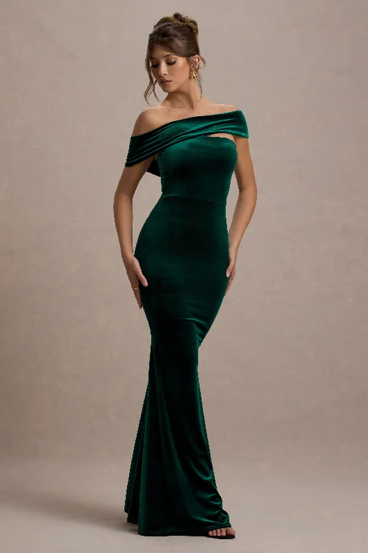 Loose-Edge Maxi Dresses -Candela | Bottle Green Velvet Asymmetric Bardot Maxi Dress