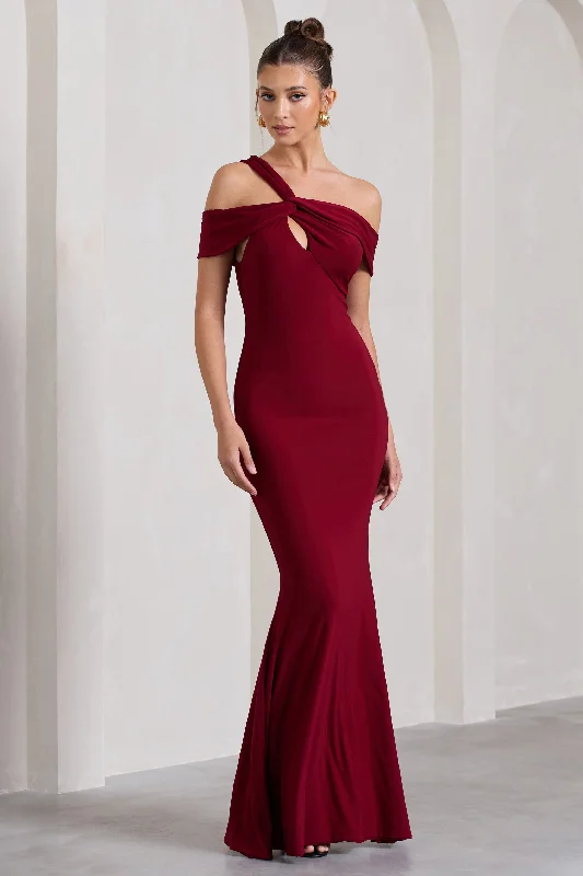 Tied-Back Maxi Dresses -Captivating | Berry Red Strappy Asymmetric Cut-Out Maxi Dress