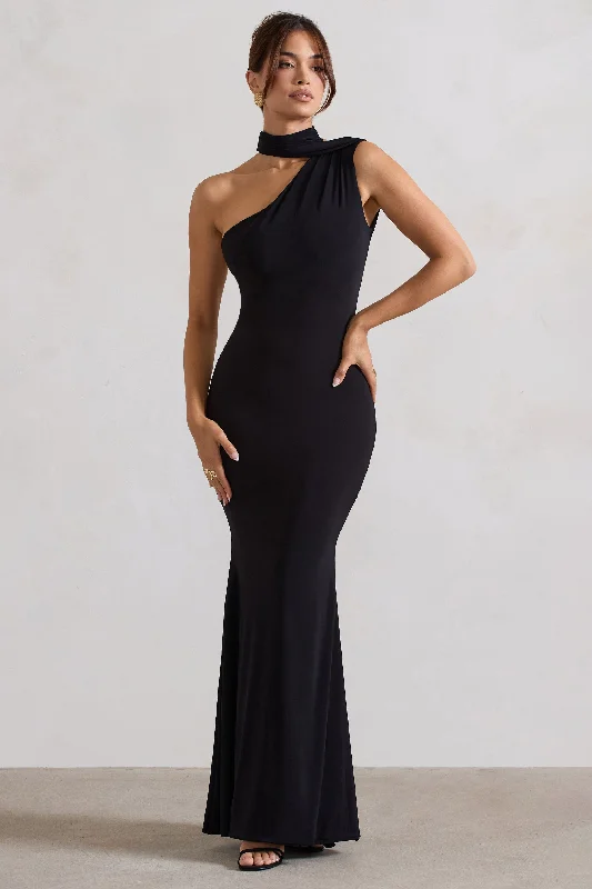 Mesh-Edge Maxi Dresses -Capucine | Black One Shoulder Draped Maxi Dress