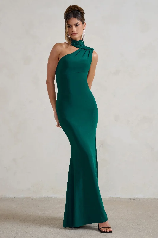 High-Edge Maxi Dresses -Capucine | Bottle Green One Shoulder Draped Maxi Dress