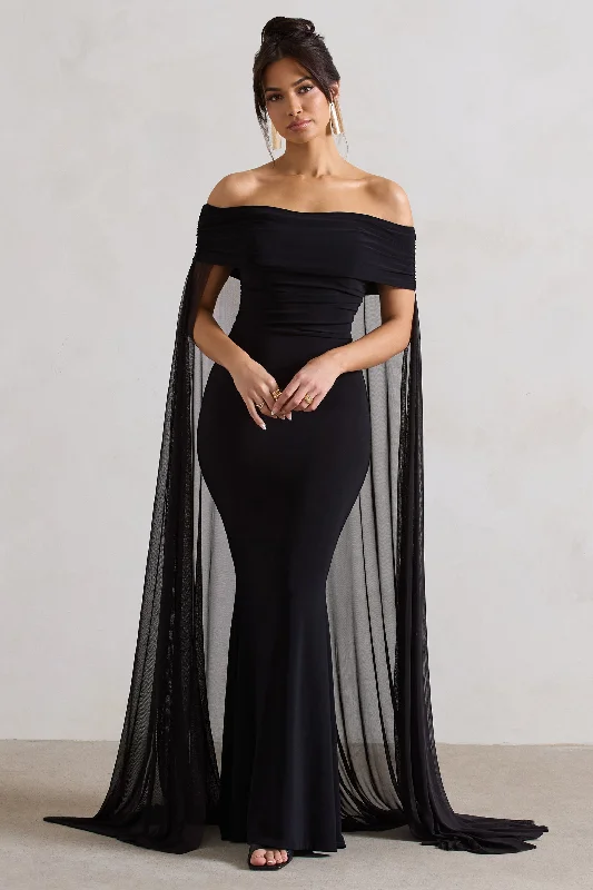 Crinkle-Fabric Maxi Dresses -Carlotta | Black Bardot Maxi Dress With Chiffon Cape