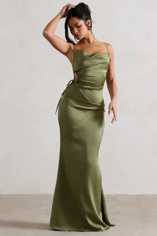 Twist-Back Maxi Dresses -Carter | Olive Green Satin Cowl-Neck Maxi Dress With Cut-Out