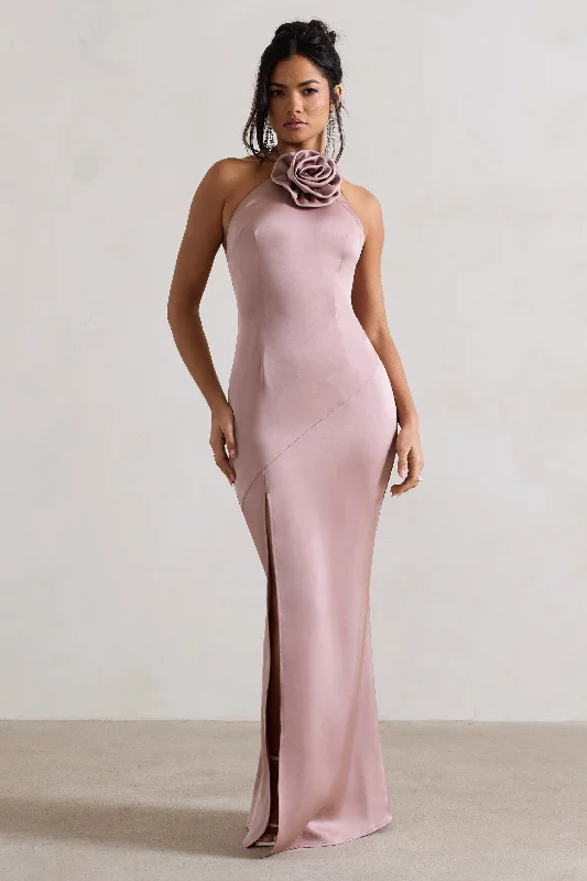 A-Line Maxi Dresses -Cesca | Blush Pink Satin Halter-Neck Maxi Dress With Flower Corsage