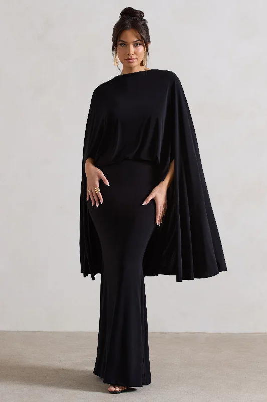 Maxi Dresses for City Nights -Charmaine | Black High-Neck Maxi Dress With Cape