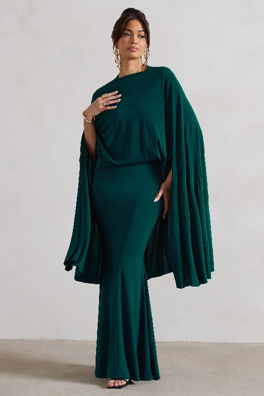 Maxi Dresses for Rooftop Parties -Charmaine | Bottle Green High-Neck Maxi Dress With Cape