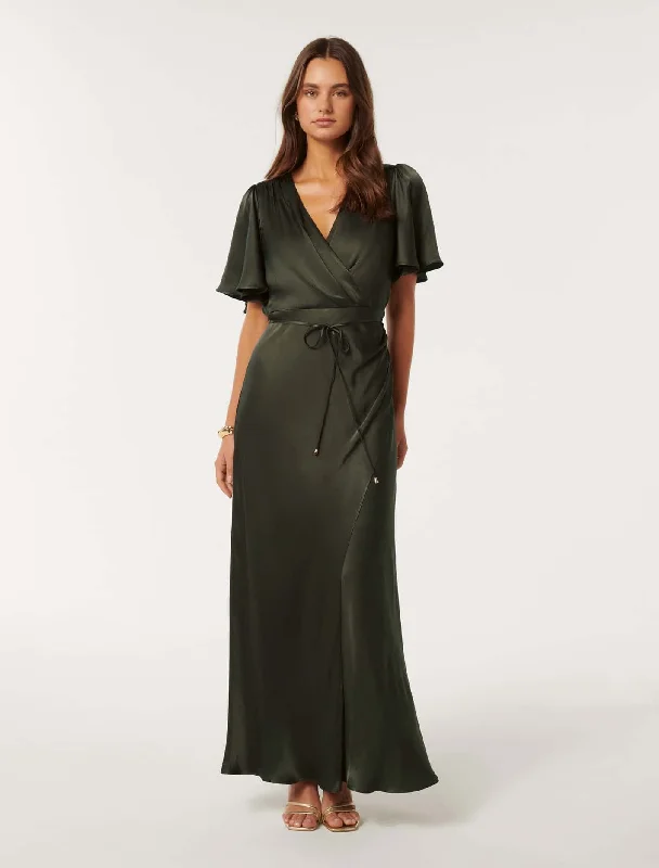 Maxi Dresses for Petite Figures -Chelsea Flutter Sleeve Satin Maxi Dress