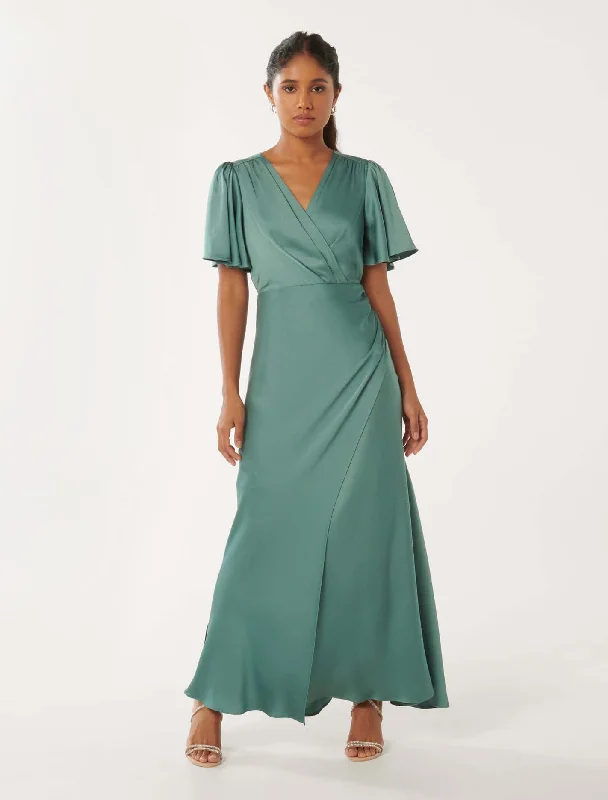 Embroidered Maxi Dresses -Chelsea Petite Flutter Sleeve Satin Maxi Dress