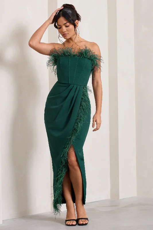 Mesh-Overlay Maxi Dresses -Cosmo | Bottle Green Bandeau Feather Corset Split Maxi Dress