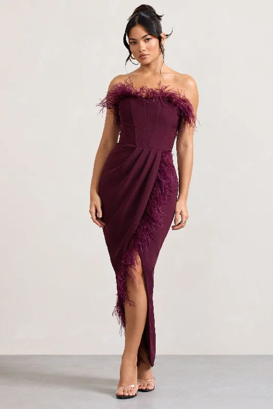 Velvet Maxi Dresses for Winter -Cosmo | Burgundy Bandeau Feather Corset Split Maxi Dress