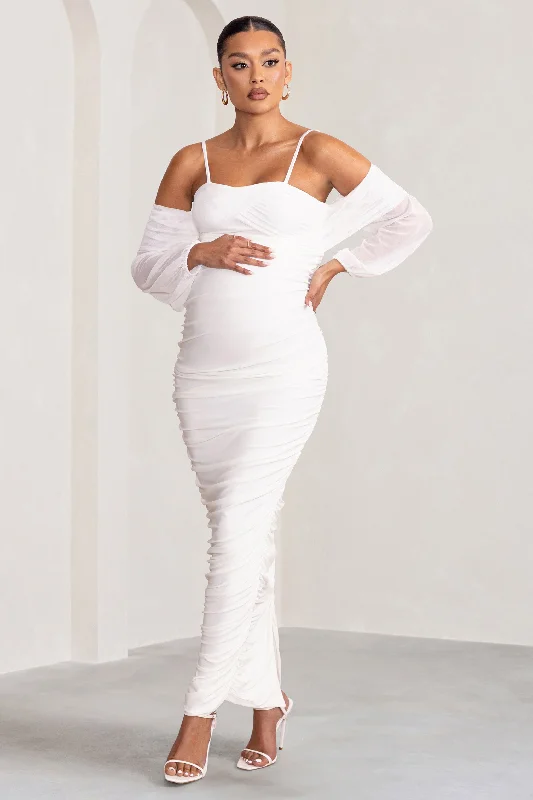 Maxi Dresses for Dance Clubs -Announcement | White Maternity Ruched Mesh Maxi Dress