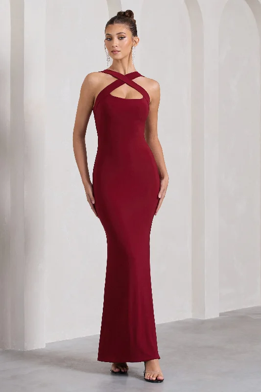 Trendy Maxi Dresses 2025 -Cross My Heart | Berry Red Sleeveless Cross-Neck Maxi Dress