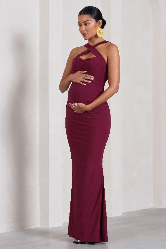 Suede Maxi Dresses -Cross My Heart | Burgundy Sleeveless Cross-Neck Maternity Maxi Dress