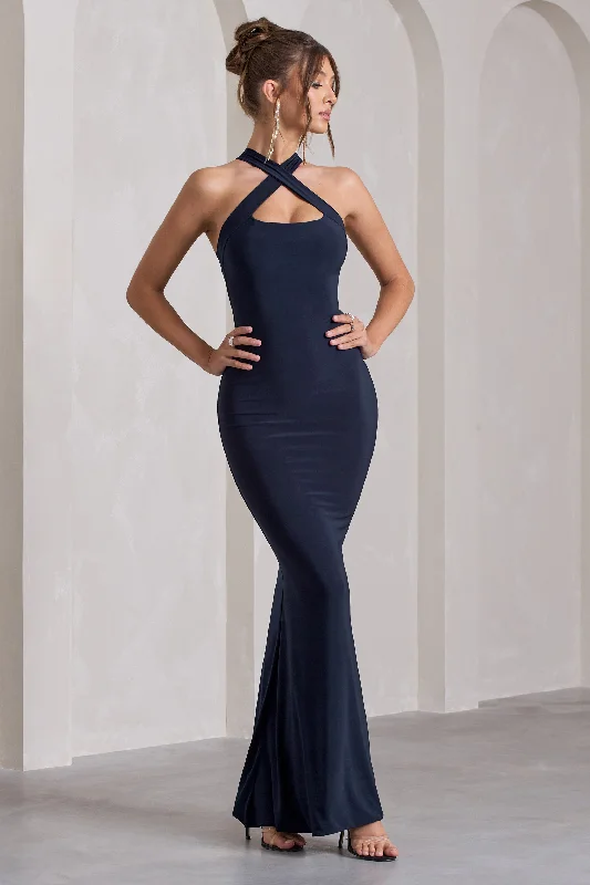 Maxi Dresses for Book Launches -Cross My Heart | Navy Sleeveless Cross-Neck Maxi Dress