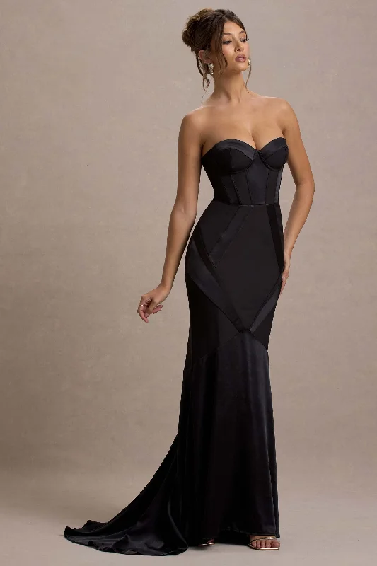 Maxi Dresses for Roof Chill -Custom | Black Satin Sweetheart Corset Fishtail Maxi Dress